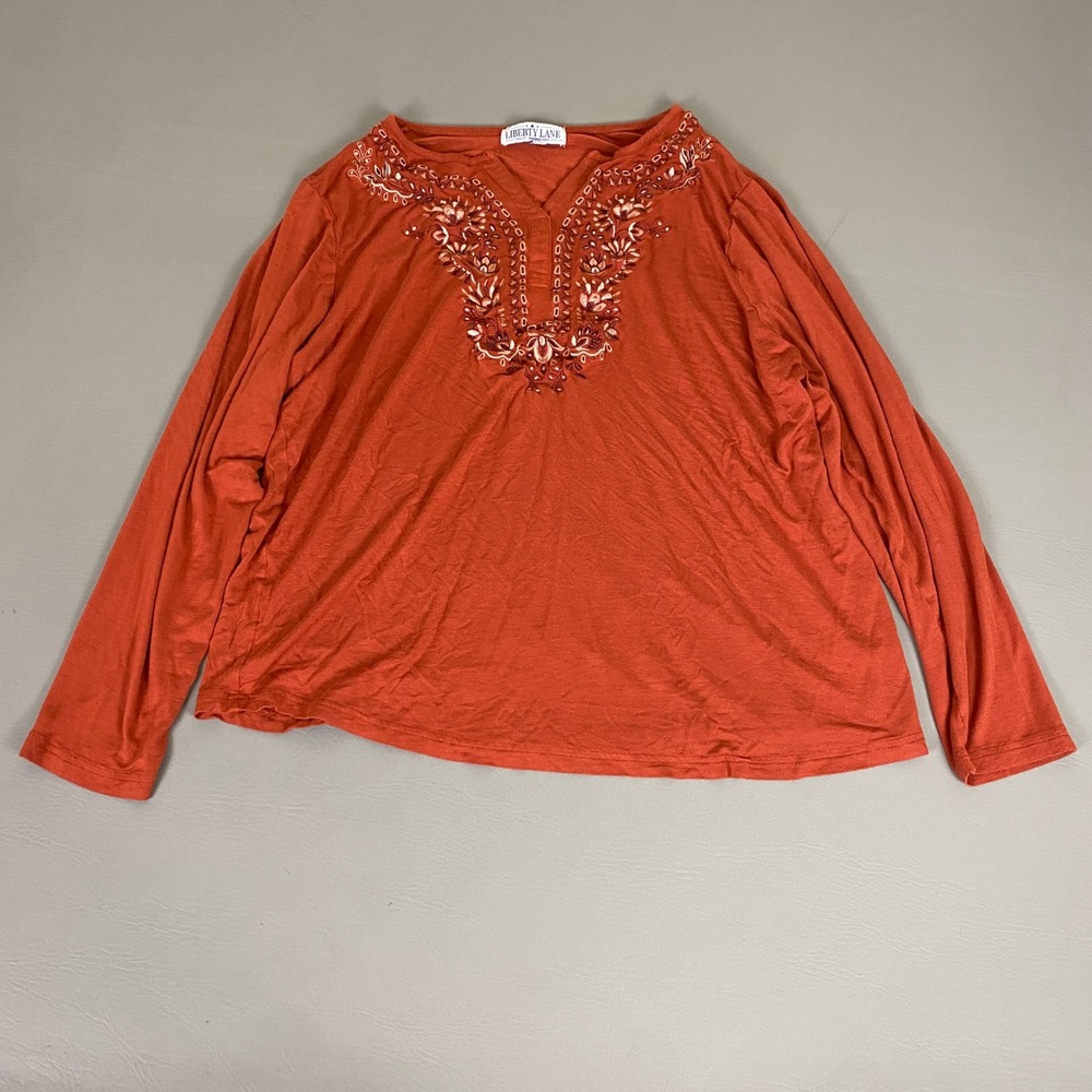 LIBERTY LANE Tunic Top Blouse Women's 1X Orange Embroidered V Neck Long‎ Sleeve